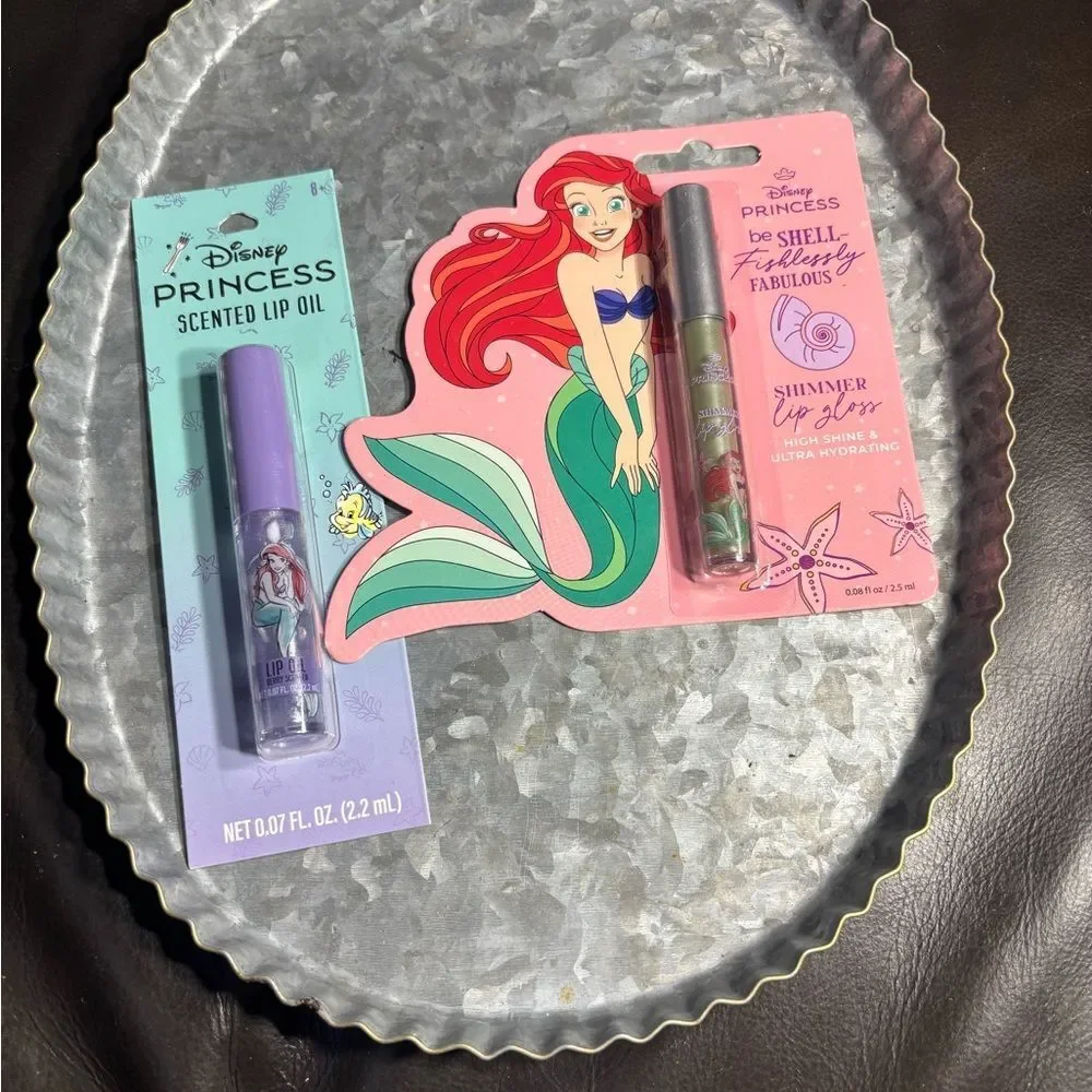2 New Disney Princess Ariel Lip Oil & Shimmer Lip Gloss Duo - Purple & Green